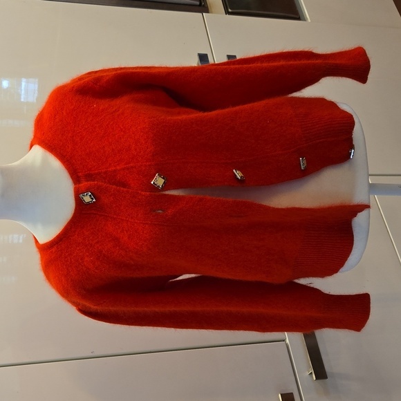Vintage 1980s Angora Balloon Sleeves Red Cardigan Womens Size Medium - Picture 2 of 7